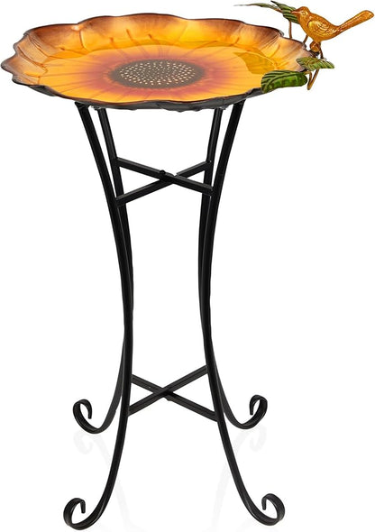 Alpine Corporation ORS882 Outdoor Metal Birdbath w/ Stylish Stand, Sunflower Birdbath Bowl and Stand Set, 29"H, Yellow/Green