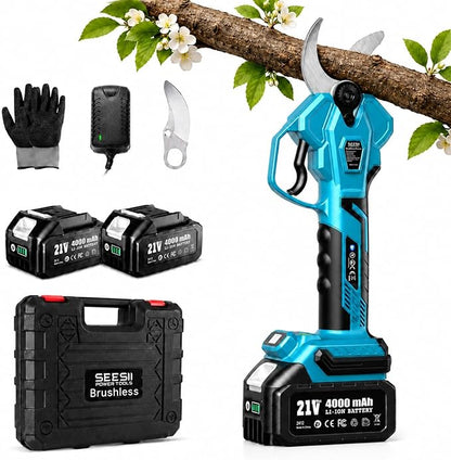 SEESII Electric Pruning Shears for Gardening: 1.8” Cutting Cordless Power Pruner - Brushless Motor, Dual 4.0Ah Battery, 4 Levels Adjustable Extra SK5 Blade Branches Cutter For Tree & Flower Trimming
