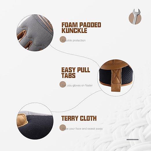 HANDLANDY Leather Work Gloves Mens & Women, Utility Safety Mechanic Working Gloves Touch Screen, Flexible Breathable Yard Work Gloves (XXL, Brown-Cowhide Palm)