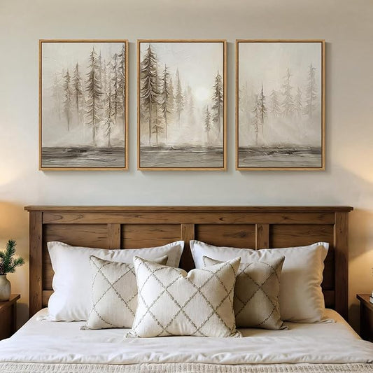 Framed Neutral Tree Set of 3 Wall Art Bedroom, Abstract Modern Rustic Landscape Beige Canvas Artwork for Walls, Nordic Misty Forest Farmhouse Wall Decor for Bedroom Hallway Office, 16x24 Inch