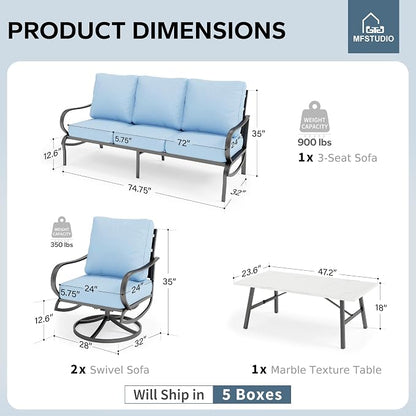 MFSTUDIO 4 Pieces Patio Conversation Sets(5 Seat), Outdoor Metal Furniture Sofa Set with 1 Loveseat(3 Seat), 2 Swivel Chairs, 1 Coffee Table, Steel Frame Patio Sets with Blue Cushion for Garden