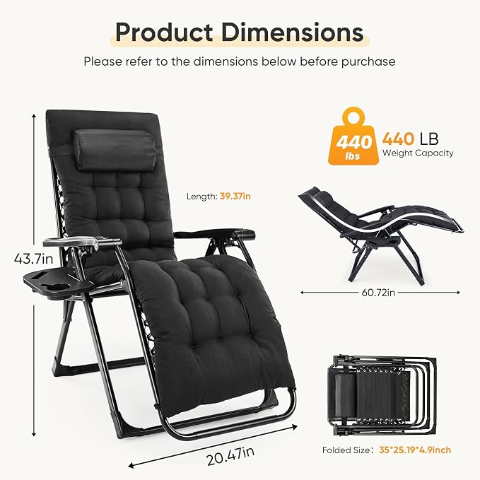 NEWBULIG Set of 2 Zero Gravity Chair, Folding Patio Recliner with Removable Cushion & Cup Holder Trays, Portable Lounge Chair for Beach & Camping, Classic Black