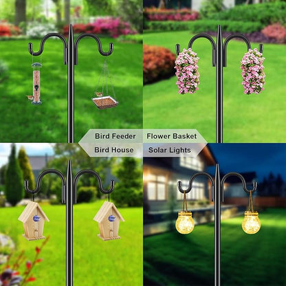 Gtongoko Bird Feeder Pole for Outdoors Heavy Duty, 2 Pack 63 Inch Double Shepherds Hook with 5-Prong Stable Base, 5/8 Inch Thick Hummingbird Feeder Stand for Hanging Plants, Lanterns