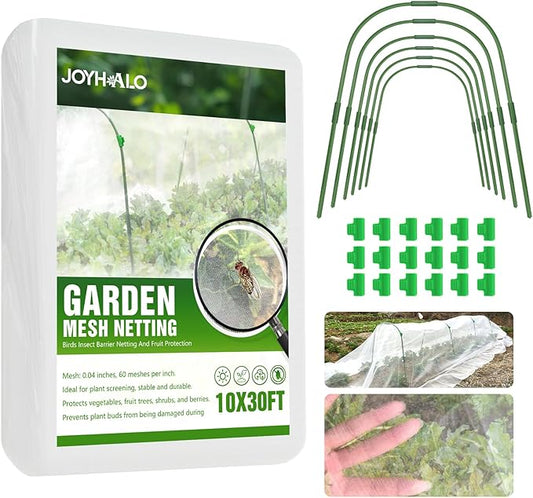 joyhalo Garden Netting for Raised Beds, 6 Sets Garden Hoops with for Raised Beds 10x30 Ft Garden Net, Bird & Cicada Net for Trees, Garden Mesh Netting for Greenhouse, Vegetable, 18 Clips Included