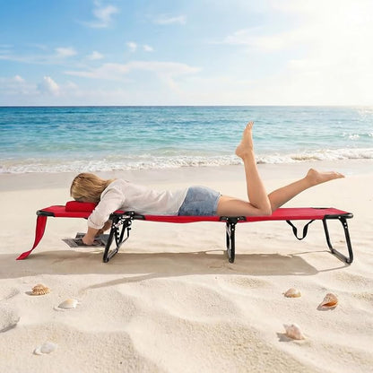 GYMAX Tanning Chair, Folding Lounge Chairs with Face Hole & Cover, Removable Pillow Carry Handle, Portable Compact Outdoor Layout Recliner for Beach, Poolside, Lawn, Patio, Camping (Red,2)