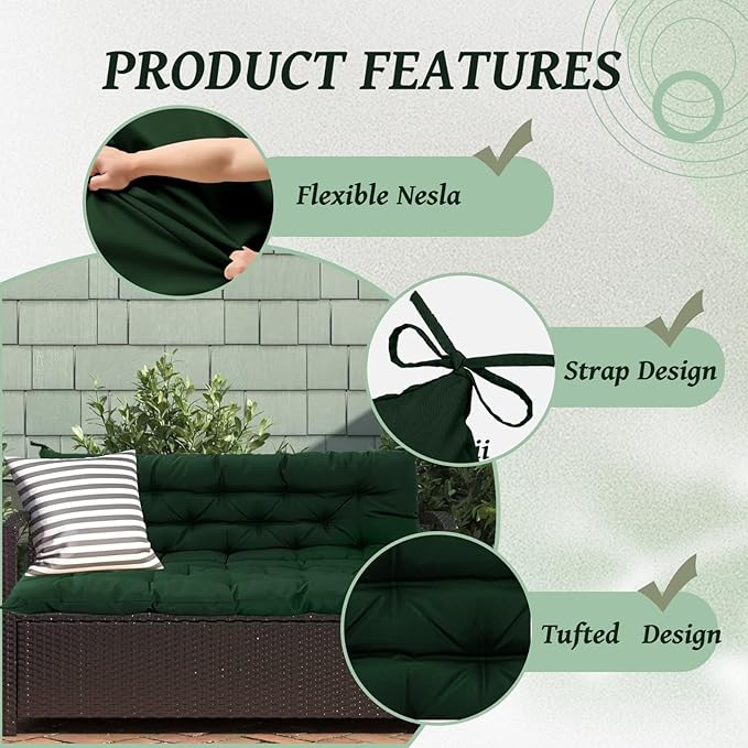 2/3 Seater Swing Replacement Cushion, Waterproof Porch Swing Cushions with Backrest, Thickened Bench Cushions for Outdoor Furniture, for Outdoor Patio Swing (Dark Green, 71 * 40in)