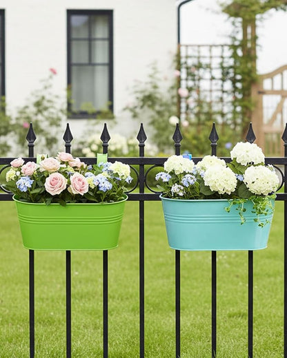 Railing planter box - 3 Pack Metal Hanging Flower Pots with Detachable Hooks & Drainage Holes, Window Oval Bucket Fence Hanging Planters for Outdoor Plants Garden Balcony Home Decor, Green Orange Blue