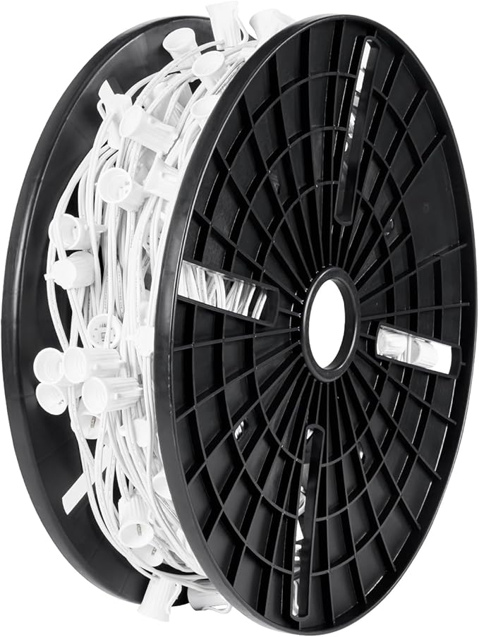 Brightown Commercial 250FT C9 Christmas Stringer Bulk Reel, C9 Light Sockets Set Spool with 12" Spacing, UL Listed Christmas Roof Lights Cord, SPT-1 18AWG, White