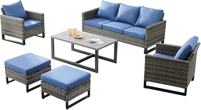 Rilyson Wicker Outdoor Patio Furniture Set - 6 Piece Patio Conversation Set with 2 Armrest Chairs,2 Rattan Ottoman,1 Couch and 1 Metal Side Table for Outside Porch Deck Backyard(Mixed Grey/Blue)
