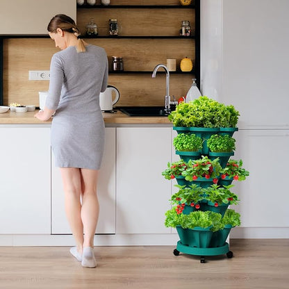 Strawberry Vertical Planters Tower Garden, 7 Tiered Stacking Herb Vegetable Planter with Support Pole Indoor and Outdoor - Hunter Green