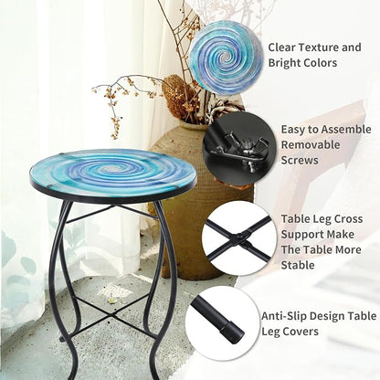 VCUTEKA Patio Side Table Outdoor Accent Table Small Mosaic Table Coffee Table End Tables Porch Indoor Outdoor Round Glass Balcony Bistro Blue Purple Gradient Starry Vortex
