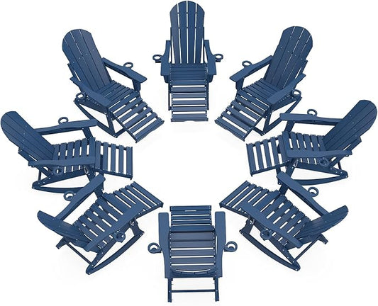 Adirondack Rocking Chairs Set of 8 with Retractable Ottoman, All Weather Folding Adirondack Chair with Two Cup Holders, Adirondack Outdoor Rocking Chairs for Porch, Patio, Balcony. Navy Blue