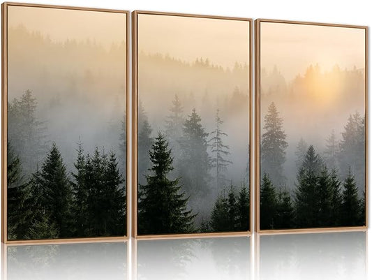 FWIEXA Misty Forest Wall Art Canvas Set, Framed Mountain Wall Decor, 3 Piece Nature Wall Painting, Foggy Pine Tree Landscape Artwork, 16x24 Inches Green Pictures for Living Room, Bedroom, Office, Gift