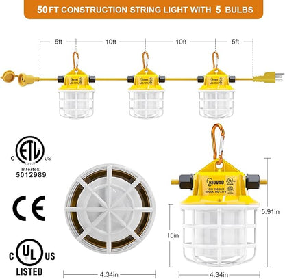 50ft LED Construction String Lights, 75W 7500LM Industrial Grade Super Bright String Work Lights for Construction Sites, Temporary Work, Renovation, Jobsite, and all outdoor lighting(50ft-5lights)
