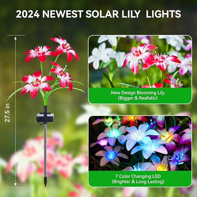 WdtPro Solar Lights Outdoor Waterproof Clearance, 8 Pack RGB Solar Garden Lights with 32 Enlarged Blooming Lily Flowers, 7 Color Changing Solar Lights for Outside Yard, Patio, Decor, Gifts