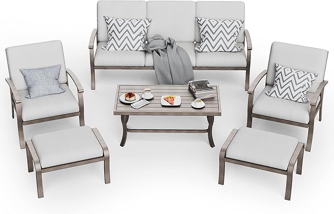 HAPPATIO 6 Piece Aluminum Patio Furniture Set, 3-Seat Outdoor Couch with Ottomans and Armchairs, All-Weather Outdoor Sectional Sofa with Comfortable Cushions and Coffee Table(Gray)