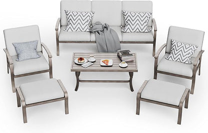 HAPPATIO 6 Piece Aluminum Patio Furniture Set, 3-Seat Outdoor Couch with Ottomans and Armchairs, All-Weather Outdoor Sectional Sofa with Comfortable Cushions and Coffee Table(Gray)