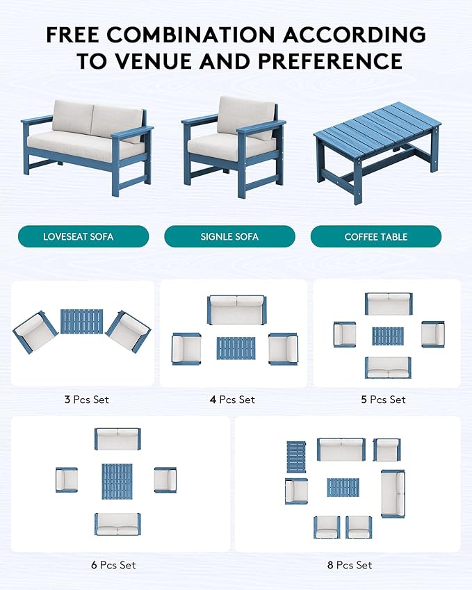 SERWALL 5 Pieces HDPE Outdoor Sofa Set with Cushions, All Weather Use Patio Conversation Couch Loveseat Furniture with Coffee Table for Balcony, Deck, Poolside, Blue Frame with Khaki Cushions