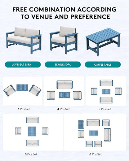 SERWALL 2 Pieces Single Cushioned Lounge Chair, Blue HDPE Outdoor Adirondack Sofa Armchair with Khaki Cushion