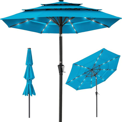 Best Choice Products 10ft 3-Tier Solar Patio Umbrella, Outdoor Market Sun Shade for Backyard, Deck, Poolside w/ 24 LED Lights, Tilt Adjustment, Easy Crank, 8 Ribs - Sky Blue