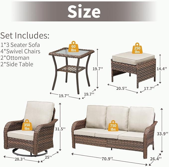 Patio Wicker Chairs Swivel Rocker Outdoor Rocking Chairs Set of 9 Rattan Furniture Set with Thick Cushion, Sofa, Side Table, Ottomans for Balcony Deck Backyard, Beige