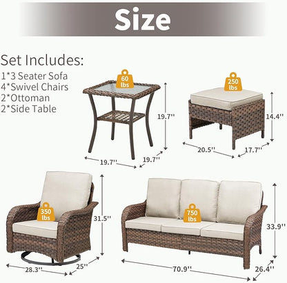 Patio Wicker Chairs Swivel Rocker Outdoor Rocking Chairs Set of 9 Rattan Furniture Set with Thick Cushion, Sofa, Side Table, Ottomans for Balcony Deck Backyard, Beige