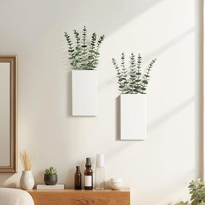 2 Pack Metal Wall Planter Vases Decor with Artificial Eucalyptus, Modern Farmhouse Rustic Hanging Pocket Planters for Indoor Greenery and Flowers, Living Room Bedroom Kitchen Decoration, White
