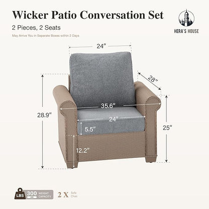 HERA'S HOUSE Patio Furniture Set, 2 Pieces Outdoor Wicker Chairs with Widened 5.9" Armrests and 5.5" Thick Waterproof Cushions, All Weather Conversation Set for Lawn Backyard Garden, Grey