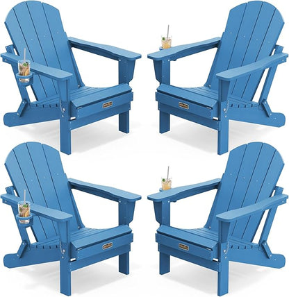 SERWALL Folding Adirondack Chair Set of 4, Weather Resistant HIPS Patio Chairs with Cup Holder for Garden Outdoors Fire Pit Chairs- Sapphire