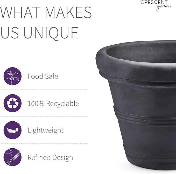 Crescent Garden Brunello Classic Rolled Rim Planter Pot, Indoor/Outdoor Plastic Round Plant Pot - Resin Large UV-Resistant Flower Pot - Frostproof, Fadeproof Pots - 27'W' (Black)
