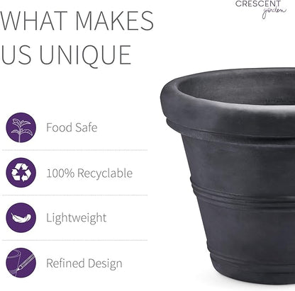 Crescent Garden Brunello Classic Rolled Rim Planter Pot, Indoor/Outdoor Weather-Safe Round Plant Pot, Premium Plastic Flowerpot for Houseplants, Herbs - 16''W (Black)