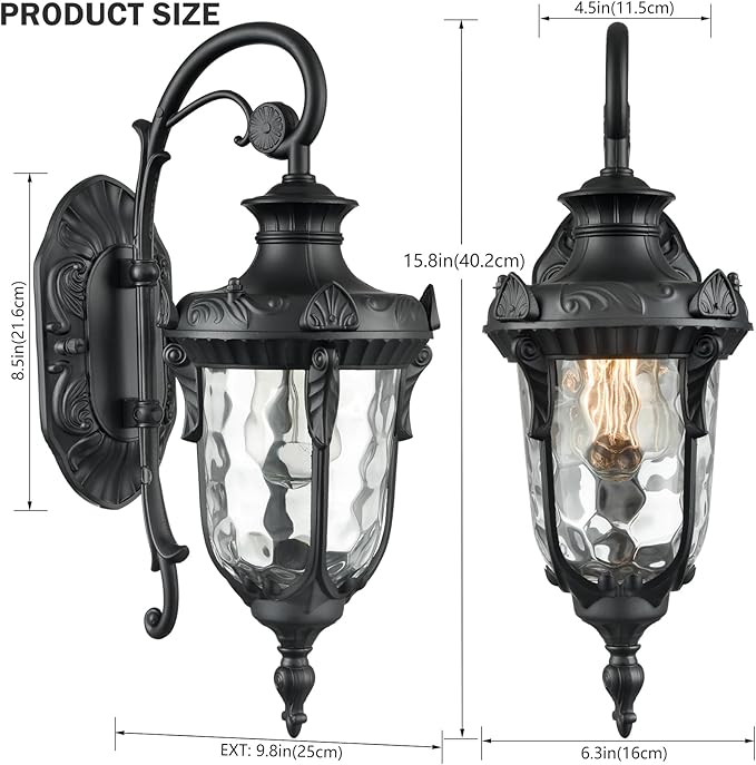 SAMTEEN Black Outdoor Wall Light Fixtures Modern Farmhouse 1-Light Outdoor Wall Sconce with Hammered Glass Wall Lantern Light for Porch Garage Courtyard, 16-Inch
