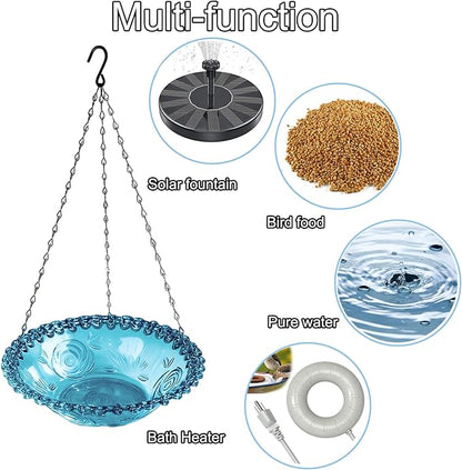 3-Tier Hanging Solar Bird Bath Fountain, Solar Pump Cascading Water Feeder with 16.4FT Extra Long Cord, Large Bird Bowl for Hummingbirds Wild Birds (4PCS-Bule)