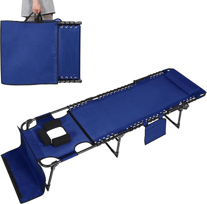 MUPATER Patio Chaise Lounge Chair with Face Hole for Outdoor, 4-Fold Ajustbale Backrest, Removable Pillow and Detachable Pocket, Portable Sun Lounger Recliner for Beach, Camping and Pool, Blue