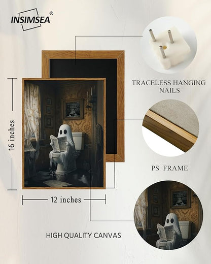 InSimSea Framed Canvas Prints Art Vintage Decor, Ghost on Toilet Bathroom Painting, Rustic Dark Academia Wall Art, Halloween Living Room Witchy Room Wall Cottagecore Decor, 12x16inch