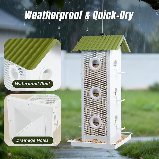 Squirrel-Proof Bird Feeder for Outdoors Hanging | 14-Port Multi-Bird Viewing | All Metal, Waterproof & Easy-Clean | Attracts Cardinals, Finches, Chickadees & More (Crisp White & Green)