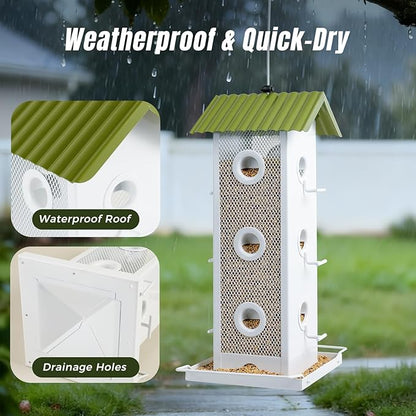 Squirrel-Proof Bird Feeder for Outdoors Hanging | 14-Port Multi-Bird Viewing | All Metal, Waterproof & Easy-Clean | Attracts Cardinals, Finches, Chickadees & More (Crisp White & Green)