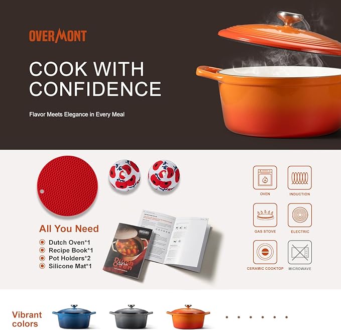 Overmont Enameled Cast Iron Dutch Oven - 5.5QT Pot with Wide Handles Lid Cookbook & Cotton Potholders - Heavy-Duty Pre-Seasoned Cookware Oven Safe to 500°F for Braising, Stews, Roasting, Sourdough Baking