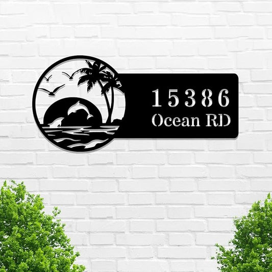 Beach House Metal Sign Custom,Dolphins Personalized Name Sign Wall Art,Custom Home Address Numbers Plaque,Street Address Wall Hanging Decor for Gate Fence Mailbox Apartment Outdoor Yard Door Hanger