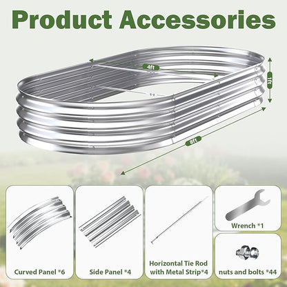 Galvanized Raised Garden Bed Outdoor, 8x4x1ft Metal Heavy Duty Planter Boxes for Gardening, Easy Assemble Large Oval Plant Container Kit for Vegetables, Flowers, Fruits, Silver, 1 Pack