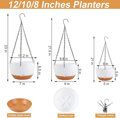 8/10/12 inch Hanging Planters for Indoor Outdoor Plants with Self-Watering Pots, 3 Pack Plastic Hanging Basket with Removable Tray for Home Garden Porch Balcony Patio Decor(White)