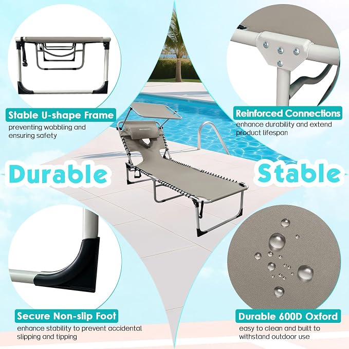 Outdoor Tanning Chair with Sun Canopy Shade & Face Hole, Folding Lounge Chair with Beach Table and Carry Bag for Poolside Sunbathing Lawn