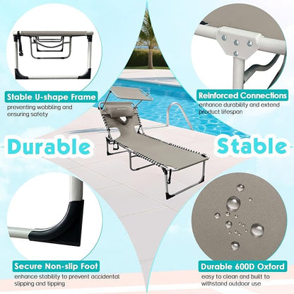 Outdoor Tanning Chair with Sun Canopy Shade & Face Hole, Folding Lounge Chair with Beach Table and Carry Bag for Poolside Sunbathing Lawn