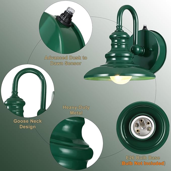 LONEDRUID Dusk to Dawn Sensor Outdoor Gooseneck Barn Light Fixtures Green Exterior Wall Sconce Lighting Rustic Outside Porch Lantern Farmhouse Wall Mount Lamp for House Garage Patio