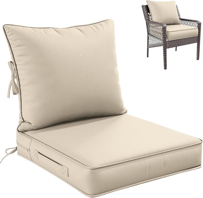Premium Outdoor Seat Cushion Chair Cushions for Patio Furniture 22 L X 24 W X 4 H Waterproof & Fade Resistant Deep Seat and Backrest Cushion Set with Removable Covers for Chair, Sofa