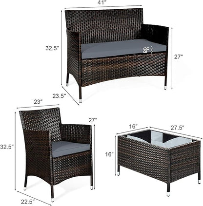 Goplus 4-Piece Rattan Patio Set, Outdoor/Indoor Wicker Conversation Set for Pool, Backyard, Lawn, Wicker Chairs and Sofa with Soft Cushion, Rattan Furniture with Tempered Glass Coffee Table