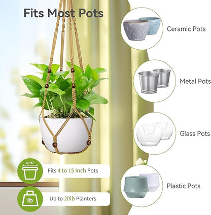 USLAI Macrame Plant Hanger Indoor Outdoor, Fits 4 to 15 Inch Pots, Strong Hanging Planter Holder, Boho Home Decor, 35 Inch, Brown, Set of 3 (POTS NOT Included)