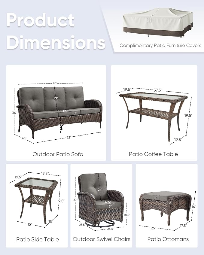 7 Pieces Outdoor Patio Furniture-Swivel Patio Chairs Set of 2 Outdoor Wicker Rattan Sofa Couch with Ottoman Outdoor Conversation Set for Deck Porch Garden Balcony Poolside-Brown/Grey