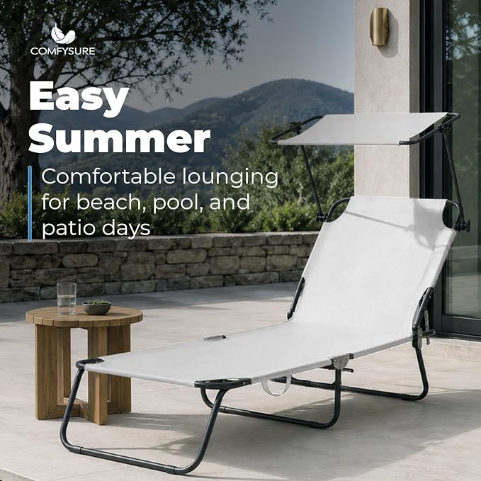 Folding Outdoor Lounge Chair with Canopy - Portable & Adjustable Beach Lounge Chair - 5-Positions, Carry Handles, 600D Fabric, 220 lbs Capacity – Tanning Chaise Lounge for Beach, Patio, Lawn