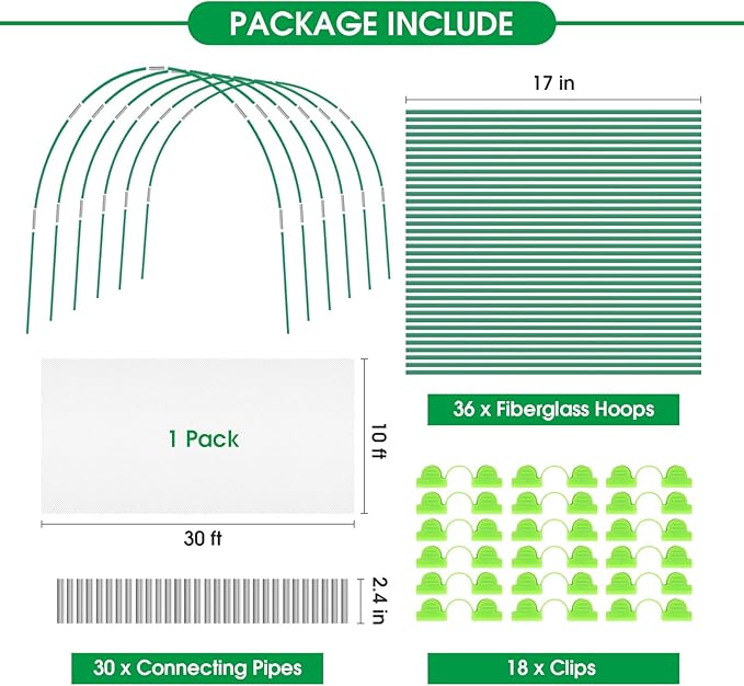 Garden Netting Kit, 10x30FT Ultra Fine Mesh Netting ＆6 Sets of 8FT Fiberglass Garden Hoops for Raised Beds, Vegetable Plants Fruits Flowers Birds Animals Barrier Protection Net
